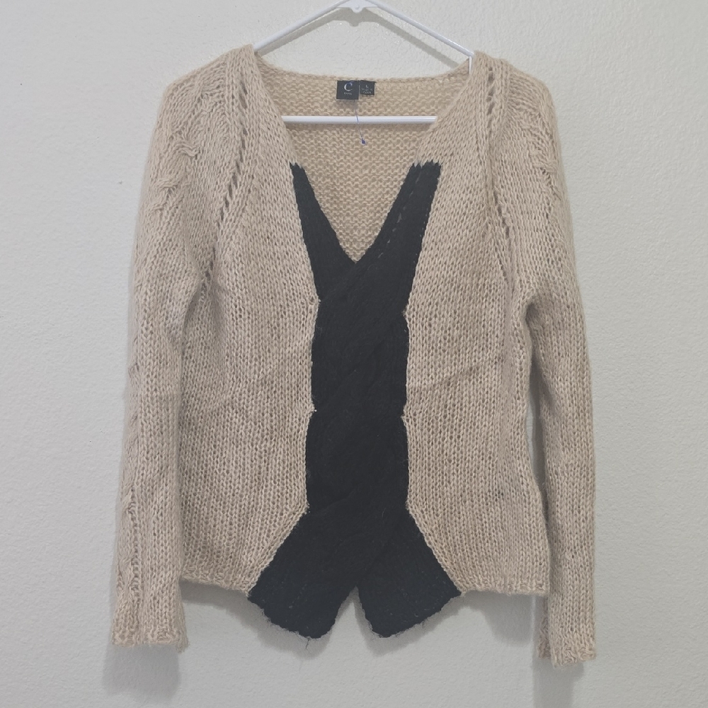 Capri Women's Beige Knit Sweater with Black Cable Accent L